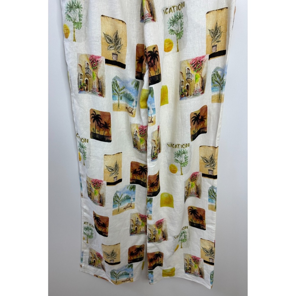 C&C California Small Linen Blend Vacation Print Wide Leg Pants Ivory Multi - Picture 11 of 13